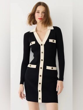 J.Crew Supersculpt Contrast Sweater Dress Medium Black Ivory Button Front Mini